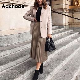 Aachoae Women Long Pleated Skirts New Spring Fashion Houndstooth Plaid Office Shirt Vintage Elegant Streetwear Midi Skirts 201109