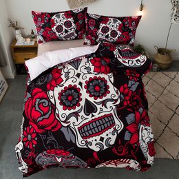 Skull Bedding Set Cartoon Watercolor Rose Flower Skull Quilt Cover Pillowcase Queen Size White Duvet Cover Set LJ201015