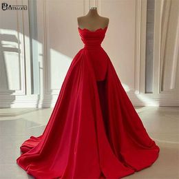Rote lange Abendkleider abnehmbarer Zug formale Kleider Frau Party Nacht Schatz Satin Vestidos de Fiesta Prom Kleid 211223
