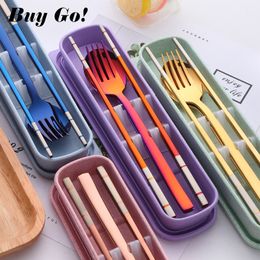 4PCS/Set 18/8 Stainless Steel Chopsticks Spoon Fork Set Portable Dinnerware Set With Box Travel Cutlery Set Children Tableware Y200111