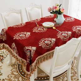 Europe Luxury Wedding Table Cloth Chenille Embroider Rectangle Table Covers with Tassel Navy Blue/Red Tablecloth for Home Decor T200707