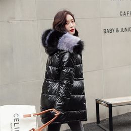 Fashion Women Glossy Medium Long Silver Down Jackets Big Colourful Fur Collar Hooded Coat Parka Jacket Warm Womens Winter Jackets 201214