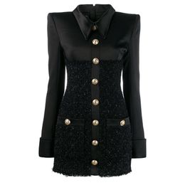 HIGH STREET New Fashion Baroque Designer Runway Dress Women's Lion Buttons Satin Patchwork Tweed Shimmer Dress 201204