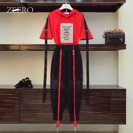 2020 Summer Casual Pants 2 Piece Set High Street Women's Ribbon Hooded T-shirt + Hollow Out Double Zipper Lantern Pants Sets T200702