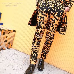 Mens Fashion Yellow Letter Floral Print Suit Trousers Hip Hop Nightclub Stage Singer DJ Male Casual Pants Singer Stage Wear 201106