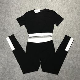 New European fashion women's high waist short sleeve letter print crop top and sports yoga long leggings twinset298V