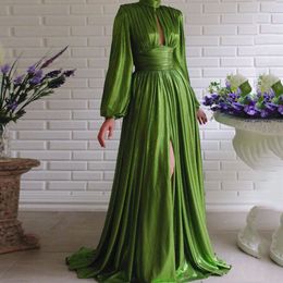Green Long Sleeve Evening Party Dress Sexy Halter Hollow Out Long Robe Women 2020 Autumn Pleated High Split Maxi Prom Dresses LJ201123