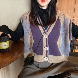 Women Spring Knitted Jacke Fashion Plaid Patterns Printed Sleeveless Single-Breasted Knitwear Female Student Preppy Style Jacket 201214