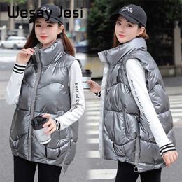 Glossy Autumn Winter Female Vest Coat Casual Shiny fabric waistcoat Women Thick Warm Waterproof Sleevless Lady Jacket plus size 201211