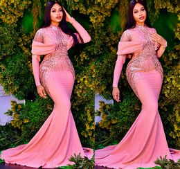 2022 Plus Size Arabic Aso Ebi Pink Mermaid Luxurious Prom Dresses Beaded Sequins Evening Formal Party Second Reception Birthday Engagement Bridesmaid Gowns Dress