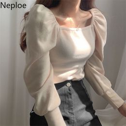 Neploe Autumn Korean Tops Puff Sleeve Sweater Pull Femme Vintage Square Collar Pullover Knitwear Women Slim Thin Sweaters Jumper 201130