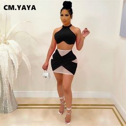 CM.YAYA summer mesh partchwork women's set crop tops and midi mini skirts matching two 2 piece tracksuit 220302