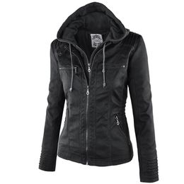 Fashion Winter Faux Leather Jacket Women's Basic Jackets Hooded Black Slim Motorcycle Jacket Women Coats Female XS-7XL 50 201112