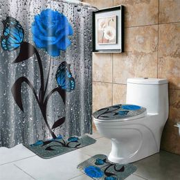 Beating butterfly Print Shower Curtain 4 Piece Carpet Cover Toilet Cover Bath Mat Pad Set Bathroom Curtain 12 Hooks LJ201130