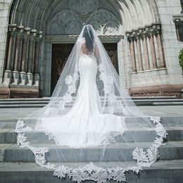 Stunning Chapel Wedding Veils 2.5M Long One Layer Lace Flowers Appliqued Edge Bridal Veil For Women Hair Accessories