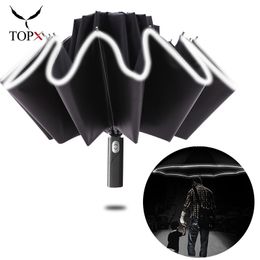 Strong Windproof Automatic 3Folding Reverse Umbrella Rain Women Reflective Stripe 10K Parasol Large Business Umbrellas Men 201218