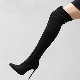 Stretch Thigh High Boots Women Autumn Spring Sexy Over the Knee Boots Flock High Heel Long Shoes Woman Big Size 45 47 Black Grey