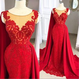 2021 Red Arabic Sleeveless Prom Dresses Mermaid Jewel Neck Illusion Lace Appliques Crystal Beads With Wraps Formal Evening Gowns Party Dress