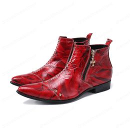 Fashion Real Leather Men Boots Red Pointed Toe Formal Ankle Boots Motorcycle Short Boots Plus Size Zipper Botas