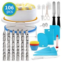 106pcs/set 10 Inch Cake Turntable Set Cake Decorating Kit Pastry Tube Fondant Tool Kitchen Dessert Baking Pastry Supplies Y200612