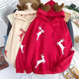 Merry Christmas gift Snow deer print Harajuku hoodie women winter jacket Red Kawaii sweatshirt Korean style Pullovers clothes 201031