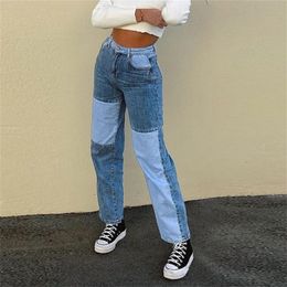 Vintage Women Fashion Casual Color Block Patchwork Straight-Leg Jeans Pants High Waist Streetwear Denim Cowboy Long Trousers#35 201223