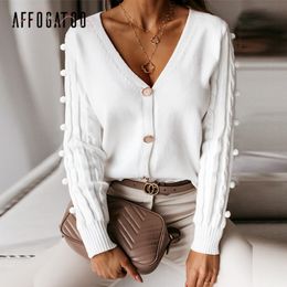 Affogatoo Sexy v-neck knitted women cardigan Casual solid white long sleeve sweater cardigan Elegant autumn ladies sweater tops 201119