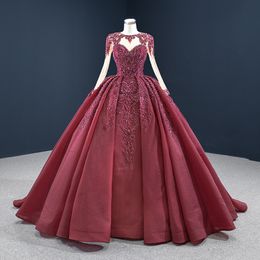 Burgundy Lace Ball Gown Gothic Wedding Dresses Long Sleeves Corset Back Heavily Beading Non White Coloured Bridal Gowns Couture