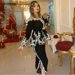 black Karakou Algerian Evening Dresses with peplum white lace Mermaid Side Split Prom Party Gowns long sleeves Morocco Caftan Outfit Custom