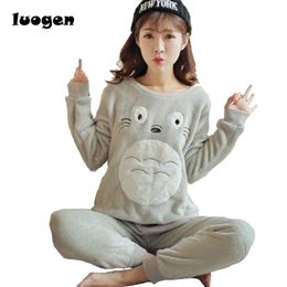 Autumn Winter Women Warm Pyjamas Sets of Sleepcoat & Trousers Lady Lounge Cartoon Totoro Flannel Sleepwear Female Home Clothing 210203