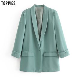 Women Solid Color Long Blazer Jacket Pleated Sleeve Loose Coat Office Lady Work Style Small Suit Single Button Blazer 201023