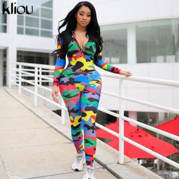 Kliou Long Skinny jumpsuit Women Zipper High Collar Full Sleeve Casual Camouflage bodysuit Sexy Rompers Ladies playsuit 201007