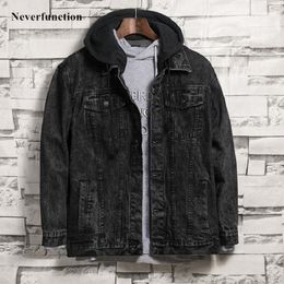 Men Autumn Winter Retro Snowflake wash black Hooded Jean Jacket Streetwear motorcycle Casual Denim Jackets Coat Outerwear 201130