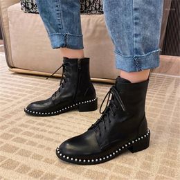 PXELENA Handmade Pearl Motorcycle Boots Women Natural Genuine Leather Autumn Winter Shoes 2020 Plus Size 34-43 Square Med Heels1