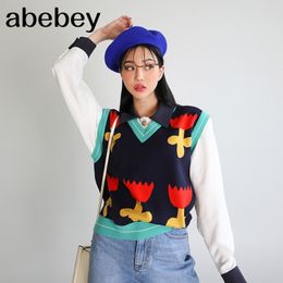 Women's Floral Embroidery Knitted Sweaters Sleeveless Vest Winter Warm V-Neck Female Jumpers Pullovers 201031