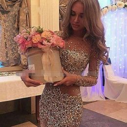 Luxury Crystal Beaded Cocktail Party Dresses Short Formal Prom Gowns With Illusion Full Sleeves Mini Homecoming Graduation Dress Women Club Wear AL7975