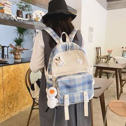 School Bags Fashion Bookbags For Teenage Girls Harajuku Style Plaid Backpacks Canvas Large Capacity Waterproof Travel