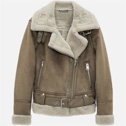 Winter Fleece Thick Women's Jacket Retro Suede Lambs Wool Warm Moto Biker Coat Belt Pockets Zipper Faux Leather Woman Jackets 201224