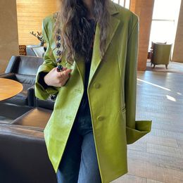 Korean Loose Fit Solid Color Pu Leather Jacket New Lapel Long Sleeve Women Coat Fashion Tide Spring leather coat PY137 201020