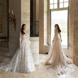 Glitter A Line Wedding Dresses Modern Luxury Applique Sequins Long Sleeves Vestidos De Novia Backless Custom Made Sweep Train Bridal Gowns