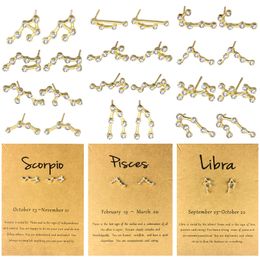 12 Constellation Austrian Crystal Stud Earrings Gold Silver Plated Horoscope Zodiac Symbol Earrings for Women Nice Jewellery Brithday Gift with Wish Paper Card