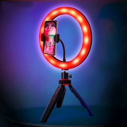 RGB Desk Selfie Light Ring with Tripod Phone Holder Bluetooth Remote for Makeup Live Stream Photographic Lighting on Youtube