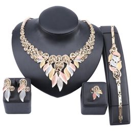 Women Party Bridal Crystal Leaves Jewellery Sets For Wedding Party Dinner Dress Necklace Bracelet Ring Earring Jewellery Sets