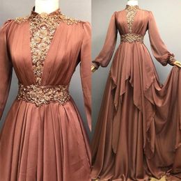 2021 Müslüman Abiye Uzun Şair Kollu Yüksek Yaka 3D Çiçek Aplike Boncuklu Katmanlı Etek Custom Made Balo Parti Balo Vestidos