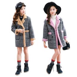 Girls winter bunny fur and velvet mid-length coat girl Grey plaid lapel cardigan coat baby girl pure cotton thick warm jacket LJ201126