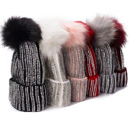 Berets Lawliet Winter Hats Faux Fur Pom Rhinestone Bling Style Women Beanies High Quality Warm Knitted Hat Ladies Skull Cap A469339e