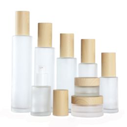 50Pcs/lot 20ml 30ml 40ml 50ml 60ml 80ml 100ml 120ml Frost Glass Cream Jar with Wooden line Cap Frosted Glass Lotion Spray Bottle