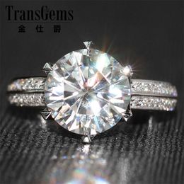 Transgems Fashion 14k White Gold 3 Carat Diameter 9mm F Color Moissanite Engagement Ring for Women Solitare with Accents Y200620