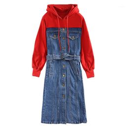 Casual Dresses Women Hooded Denim Dress 2021 Spring Streetwear Cotton Jeans Patchwork Hoodie Single Button Plus Size Es 2XL1