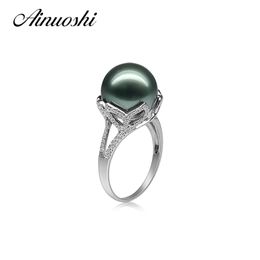 AINUOSHI 925 Sterling Silver Leaves Shaped Pearl Rings Tahitian Pearls 11-12mm Round Pearl Wedding Engagement Anniversary Rings Y200106
